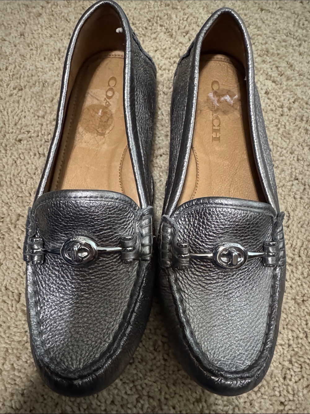 COACH Metallic Silver Leather Loafers